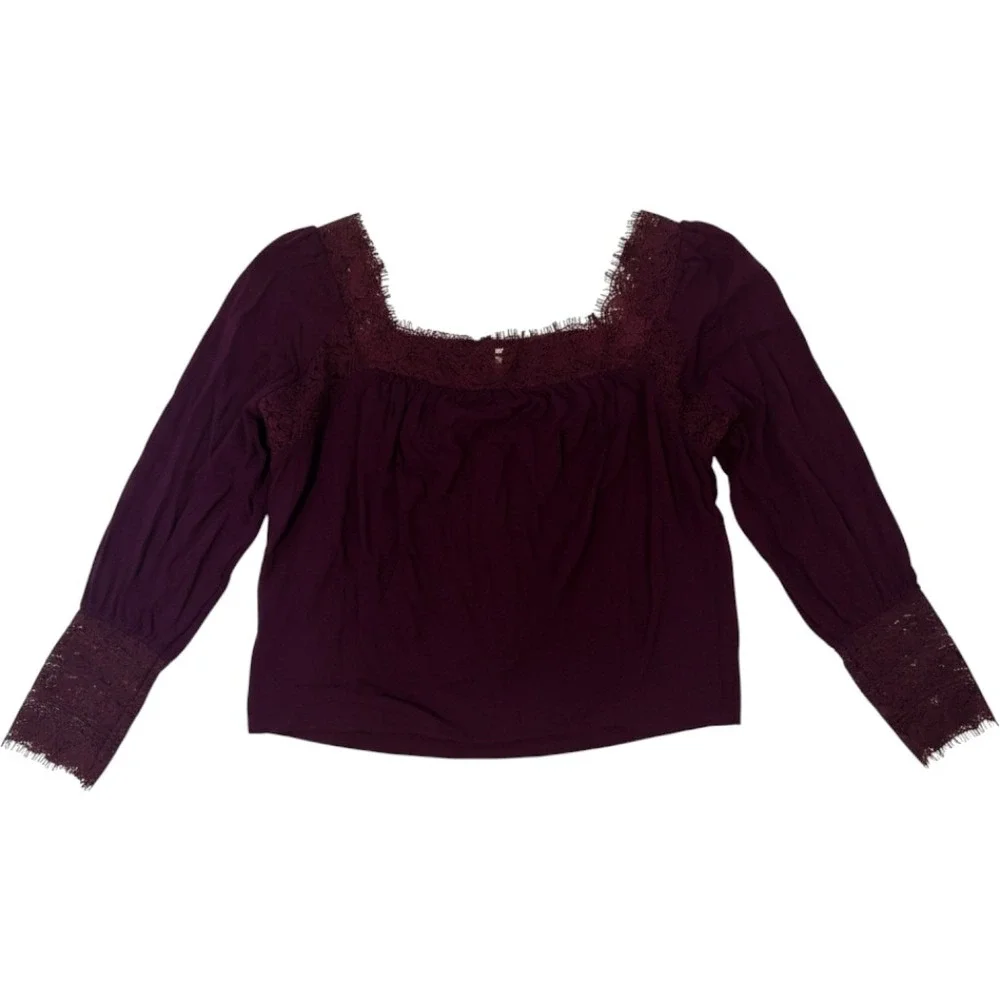 Free‎ People Plum Purple Lace Trim Square Neck Long Sleeve Boho Blouse Small